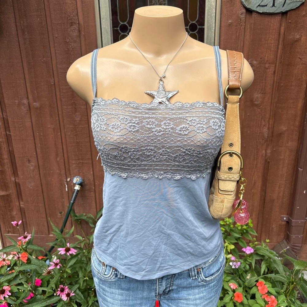 y2k 2000s Etam blue gray lace mesh cami top